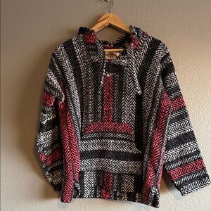Handwoven Baja Hoodie Jacket - Black, White & Red
